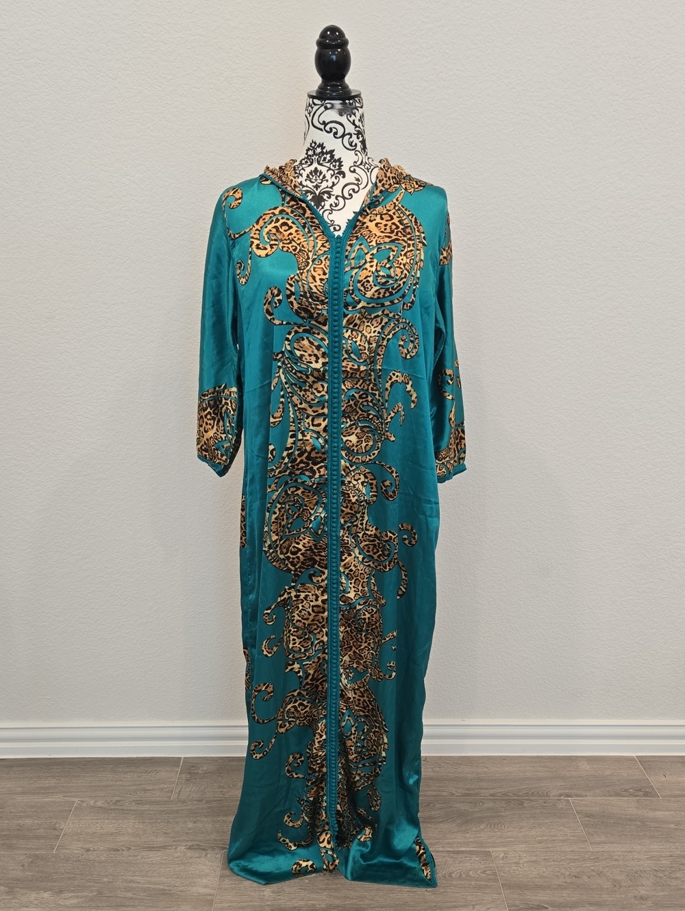 Vintage Teal Maxi Dress/Djellaba/Kaftan/Moo Moo with Leopard Print Accents